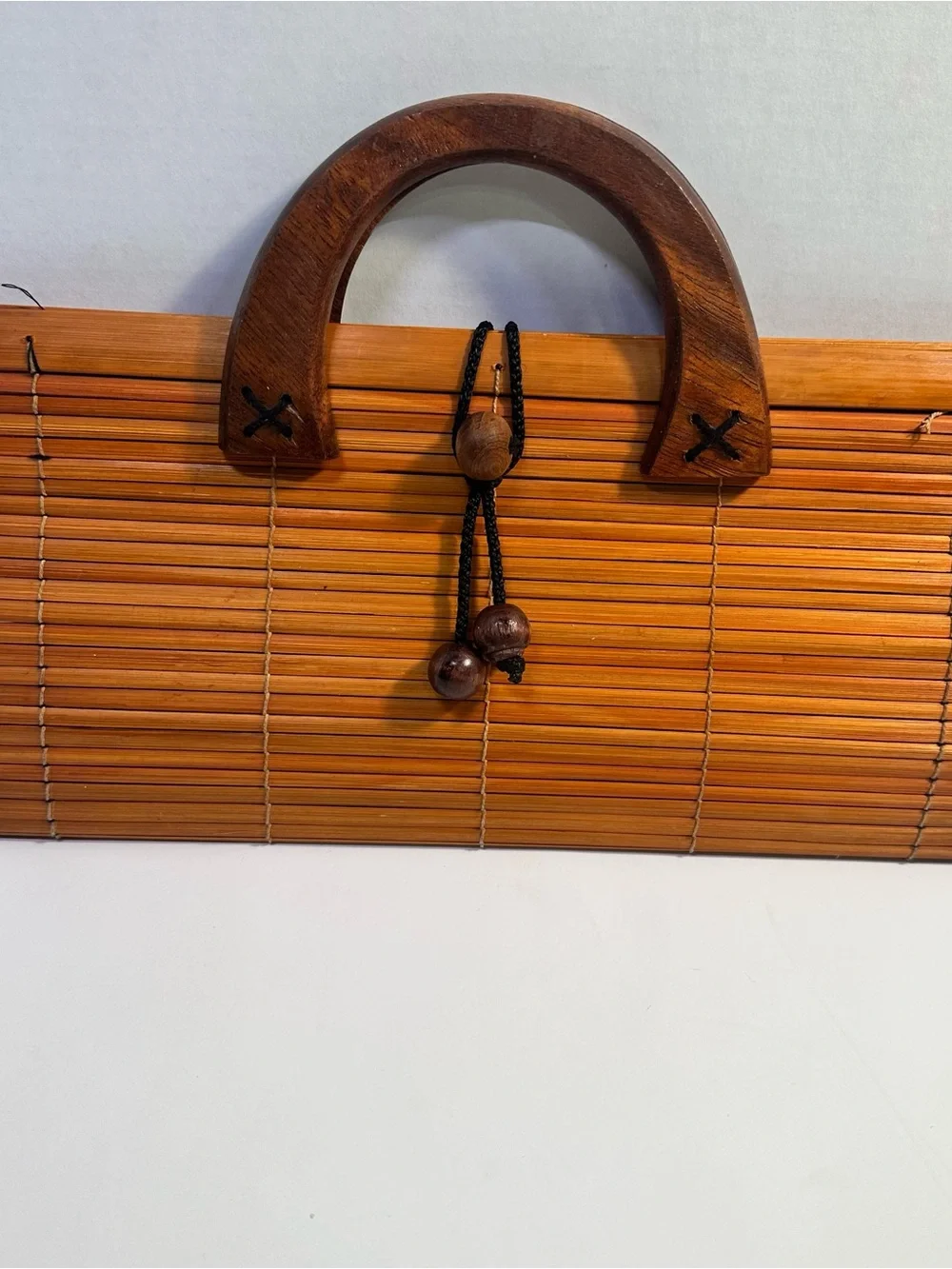 vintage style Wooden Handle Woven Clutch Bag - Brown